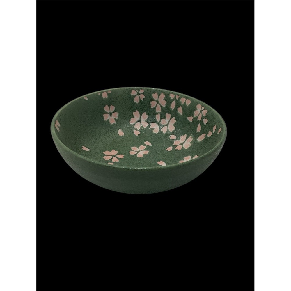 Japan Mino Ware Cherry Blossom Snowstorm Green Porcelain Small Bowl Trinket 4.5"